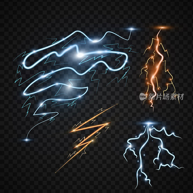 闪电闪电风暴打击逼真的3d闪电风暴魔术和明亮的照明效果矢量插图