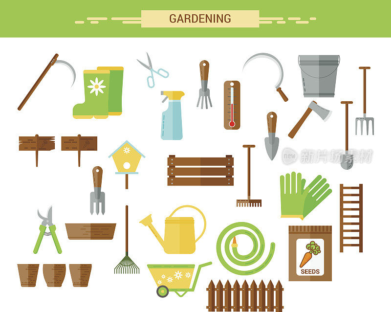 园艺工作工具平面图标设置。在花园工作的设备，手套，剪枝夹，种子，修枝器，铲子，喷壶。平面向量插图。设置的图标