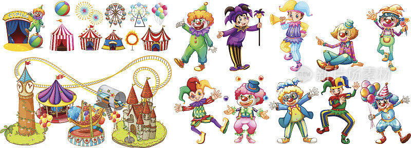 马戏团小丑和许多游乐设施