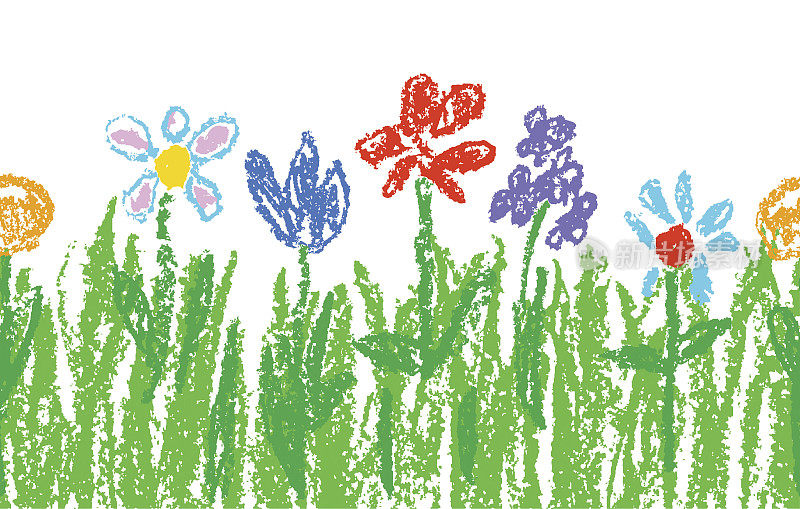 蜡笔儿童手绘的彩色花朵与绿色的草在白色。无缝儿童绘花套装。可爱的孩子画的春夏季草地。