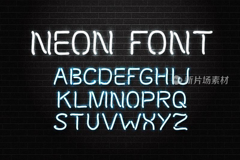 矢量现实隔离霓虹灯字体字母装饰和覆盖在墙壁背景。百老汇字母表和排版的概念。