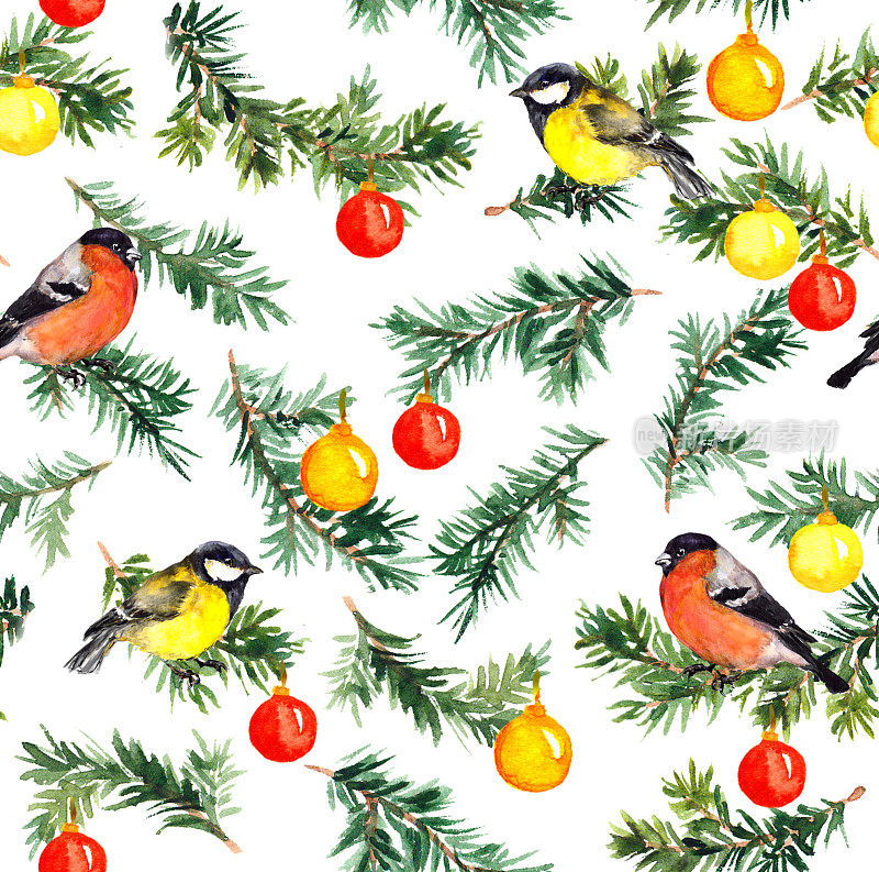 圣诞装饰冷杉树上的小鸟。水彩模式