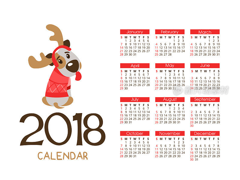 2018年圣诞日历。矢量文件。狗是这一年的象征。有趣的杰克罗素梗05