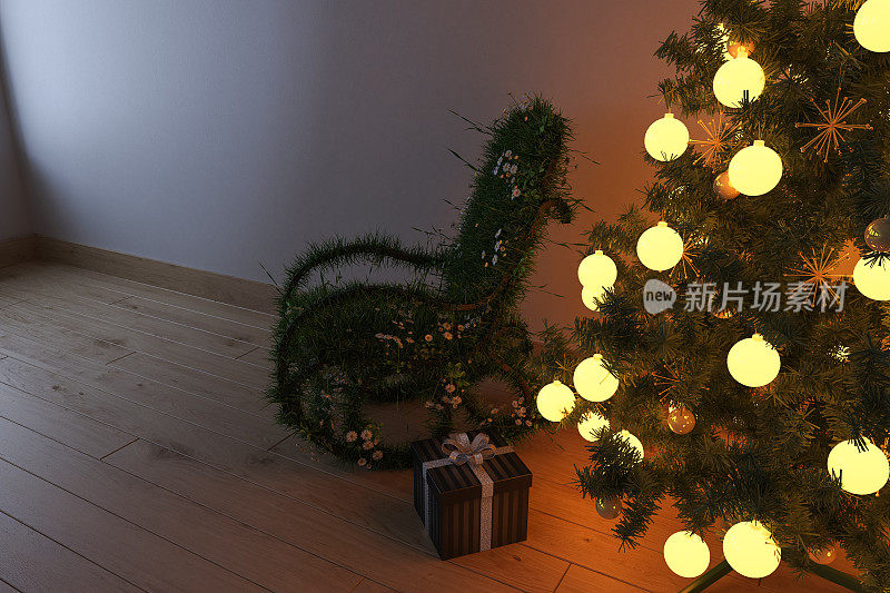 装饰圣诞树与草和雏菊覆盖摇椅附近