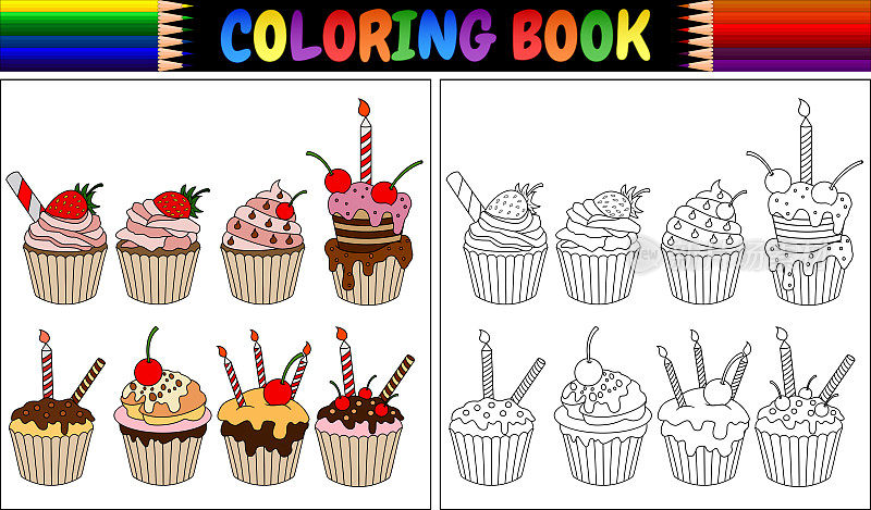 用蜡烛和水果涂色书纸杯蛋糕
