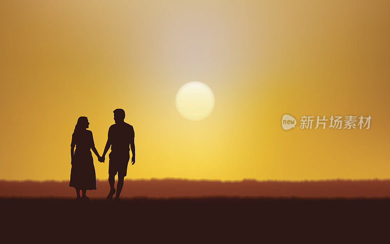 剪影夫妇的男人和女人在平面图标设计下日落天空的背景