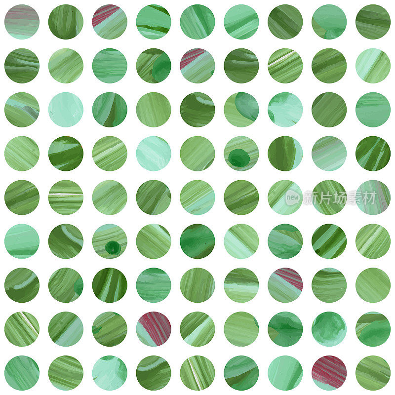 抽象矢量无缝几何图案从规则的圆形与绿色笔触纹理在白色的背景。地砖，墙纸，包装纸，页填充陶瓷马赛克风格