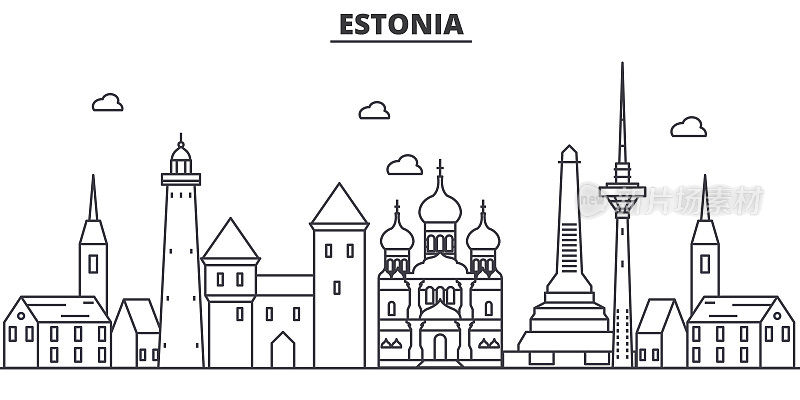 爱沙尼亚，塔林建筑线天际线插图。线性向量的城市景观与著名的地标，城市景观，设计图标。风景与可编辑的笔触
