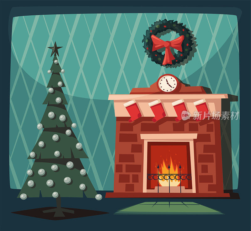 圣诞快乐。壁炉和装饰树。卡通矢量图