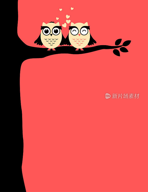 树枝上可爱的猫头鹰夫妇的极简插画