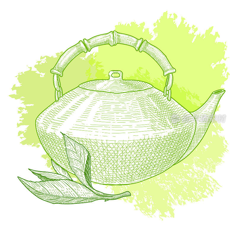 茶壶与茶叶和绿茶在水彩背景。