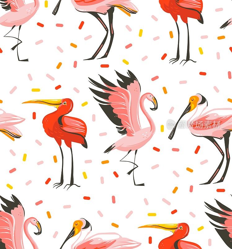 手绘矢量抽象卡通夏季时间图形插图艺术无缝图案异国情调的热带鸟类火烈鸟，朱鹮，玫瑰色的琵鹭孤立在白色的背景