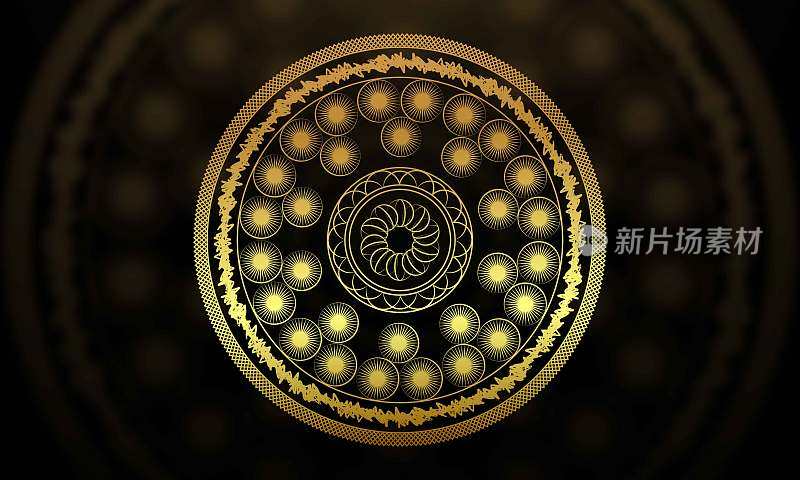 装饰印度圆形花边华丽的黄金曼荼罗孤立在黑色背景艺术框架设计