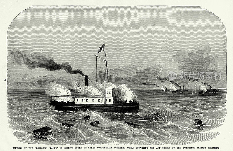 古董:捕捉螺旋桨“范妮”在帕姆利科声音由三联盟汽船，而运送人员和物资到第二十印第安那团，1861年内战雕刻