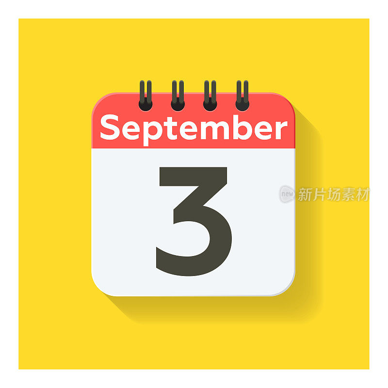 9月3日-每日日历图标在平面设计风格。黄色背景。