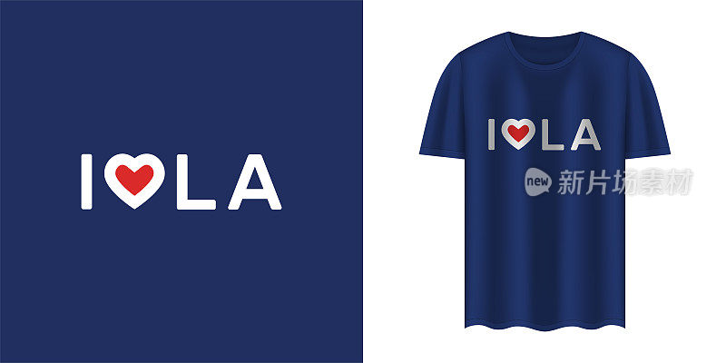 时尚的深蓝色t恤和服装时尚设计与“我爱洛杉矶”的文字。纺织品、t恤、网络。排版，印刷，矢量插图。
