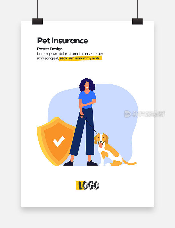 宠物保险概念平面设计的海报，封面和横幅。现代平面设计矢量插图。