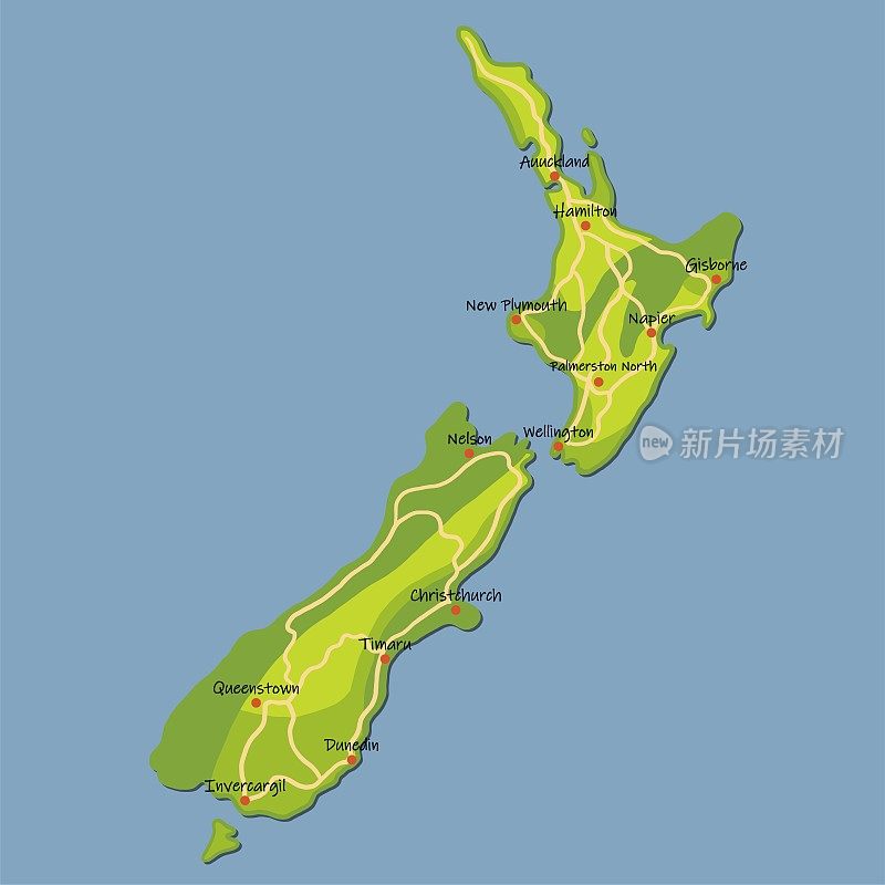 手绘彩色新西兰地图，带有主要城市和高速公路。
