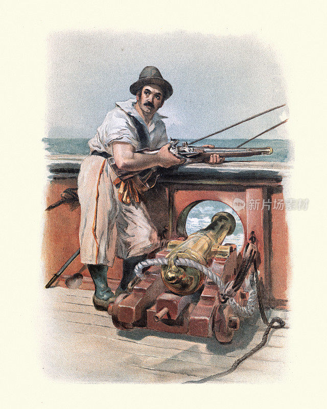 布雷克舰队中的英国水手，17世纪海军。持有蠢材枪