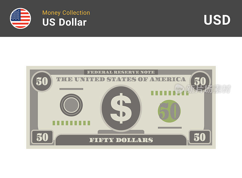 50美元。美国钱钞票。货币向量集。程式化的票据绘制。