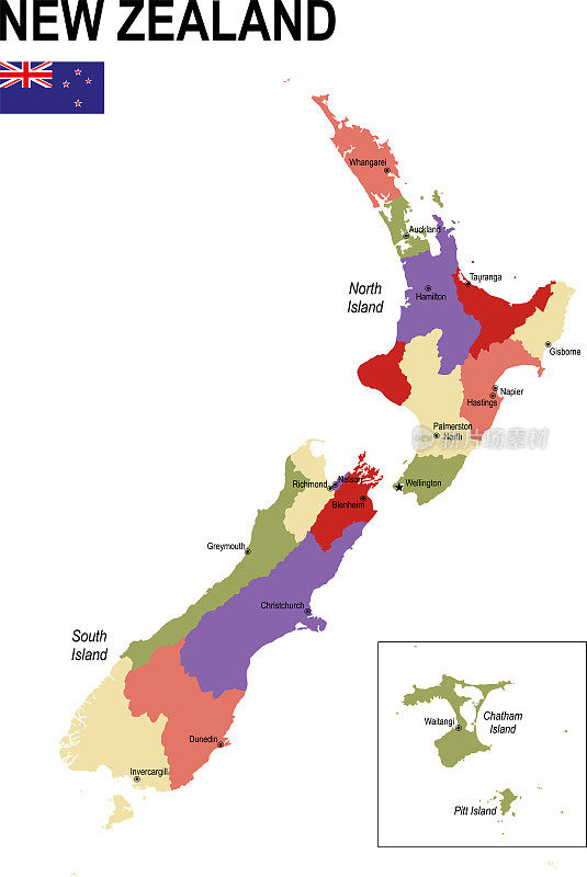 新西兰彩色平旗地图