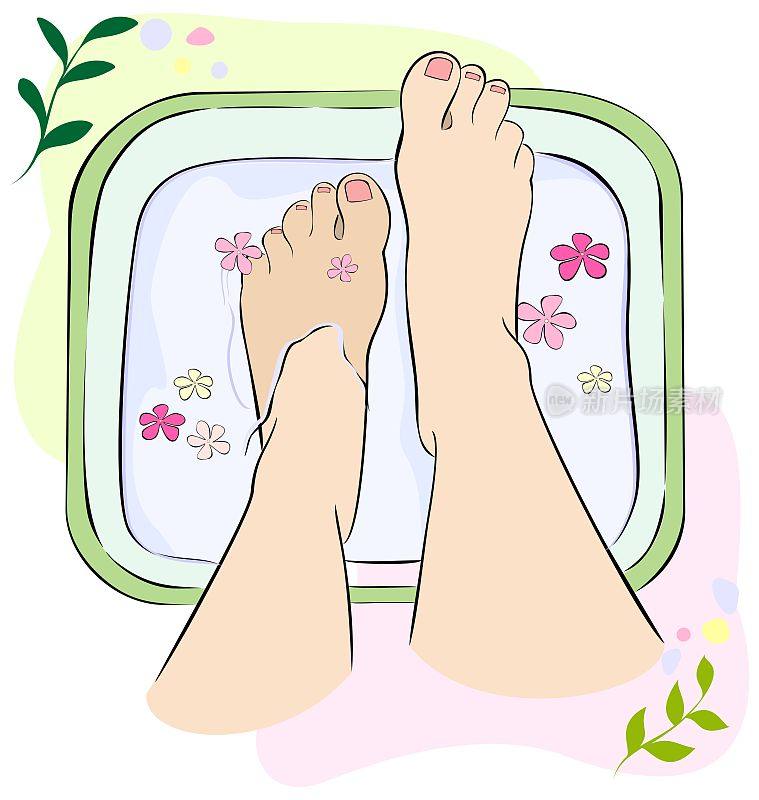 女人的脚放在一盆水里。足部水疗。特写插图，俯视图。