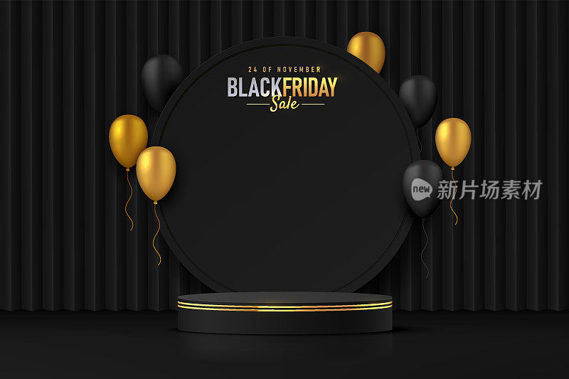 抽象写实的3D黑色圆筒基座基座基座基座上有黑色和金色的气球飞行。奢侈品黑色星期五销售现场的产品展示展示。矢量几何绘制平台设计。