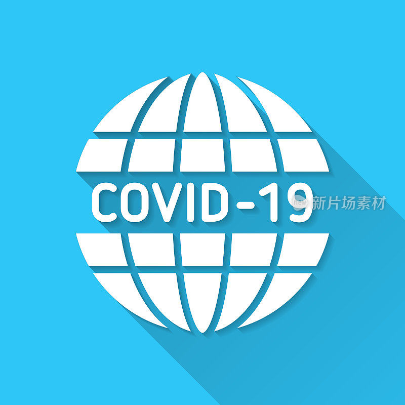 全球Covid-19大流行。蓝色背景上的图标-长阴影平面设计