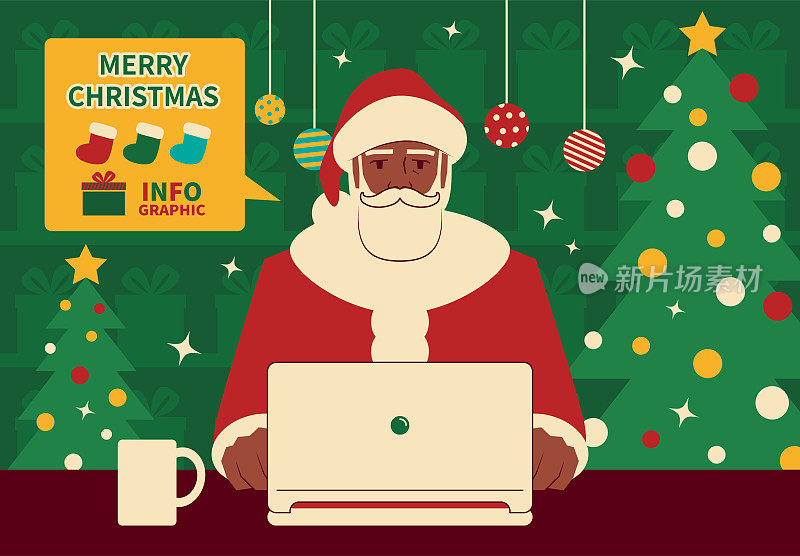 快乐的圣诞老人用笔记本电脑