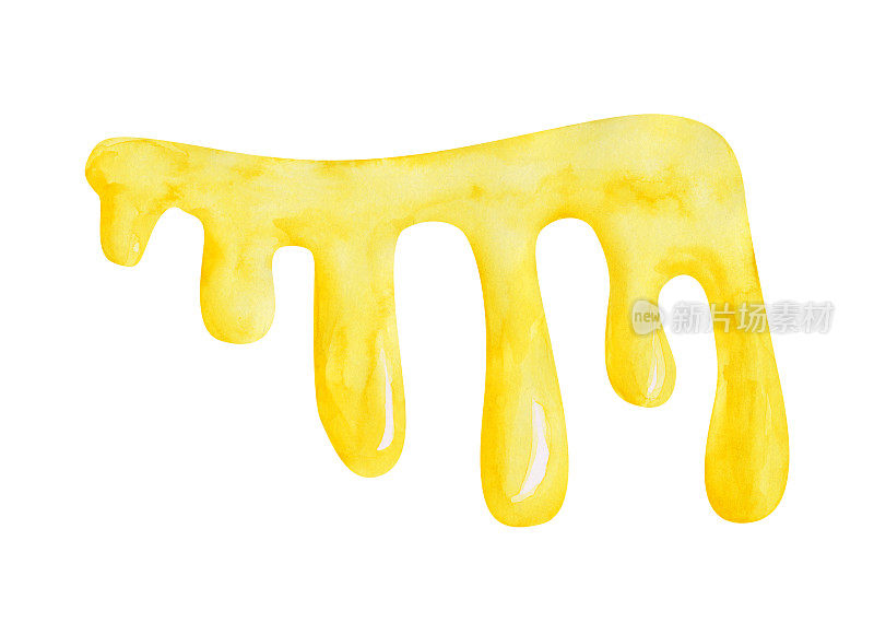 流淌的蜂蜜被隔离在白色的背景上。黄色水彩焦糖剪贴画。流糖浆插图。蜂蜜对象为您设计。金黄色液体花蜜。有机食品。