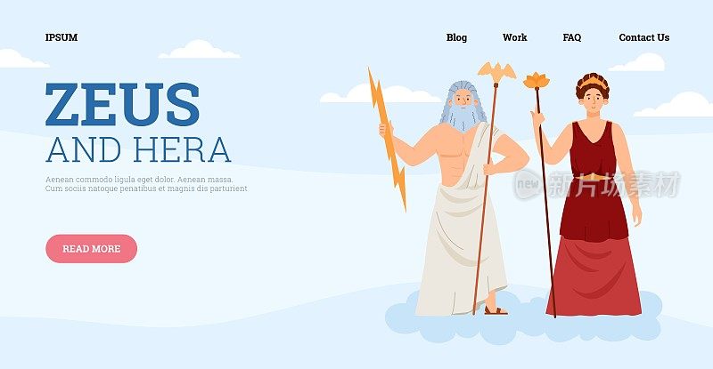 网站横幅模板与希腊神话人物宙斯的雷电之神和闪电闪电ray和他的妻子Gera女神，平面矢量插图。