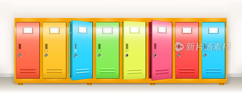 五颜六色的储物柜，学校或健身房的更衣室