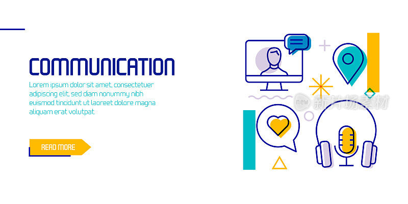 沟通相关的设计元素。带有轮廓图标的图案设计。色彩斑斓的矢量图