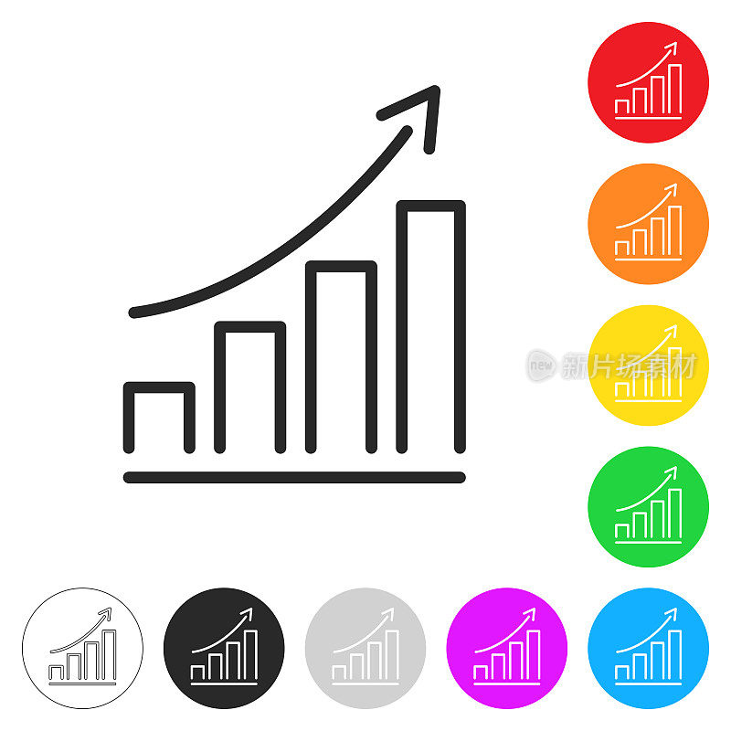 日益增长的图表。按钮上不同颜色的平面图标