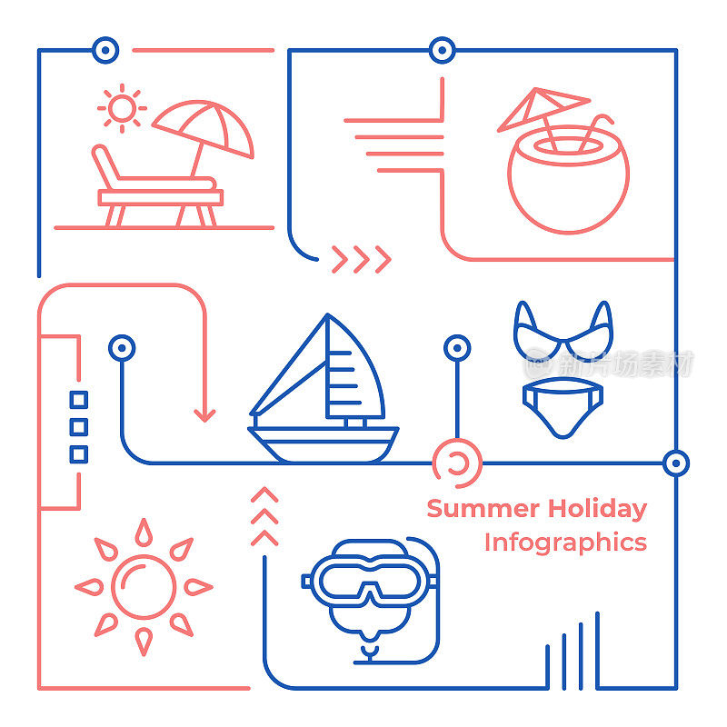 暑假矢量线插图信息图形设计模板