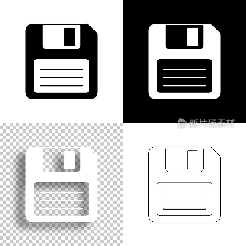 软盘。图标设计。空白，白色和黑色背景-线图标