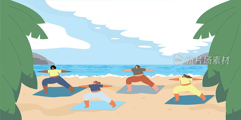 年轻女孩在大自然中做瑜伽。沙滩上的集体健康课程。女性进行练习。体育旅游。在海边放松时光。卡通矢量平面插图。