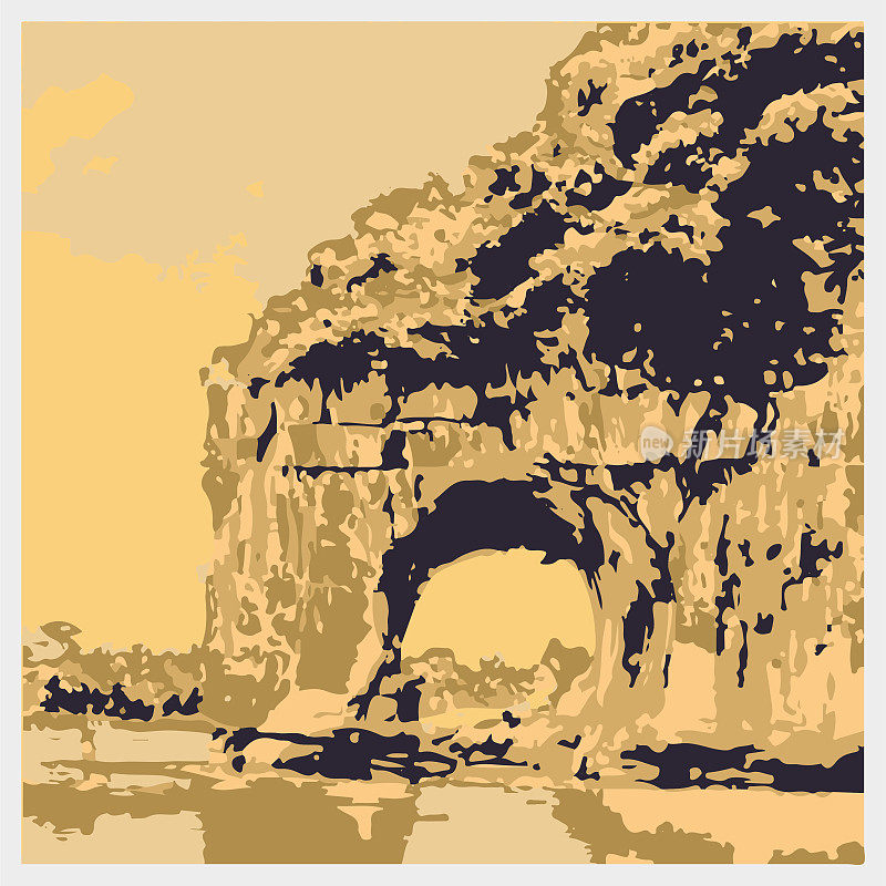 矢量雕刻风格大象树干山景观插图背景，桂林市-广西壮族自治区，中国