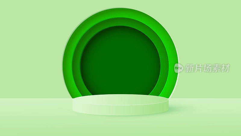 最小的场景与绿色的圆柱形平台和绿色色调的圆形框架。为产品演示、展示搭建舞台。向量
