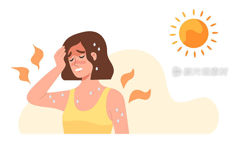 年轻女子在烈日下有中暑的危险。症状包括体温升高、出汗、出汗、头痛、皮肤发红、脱水等。