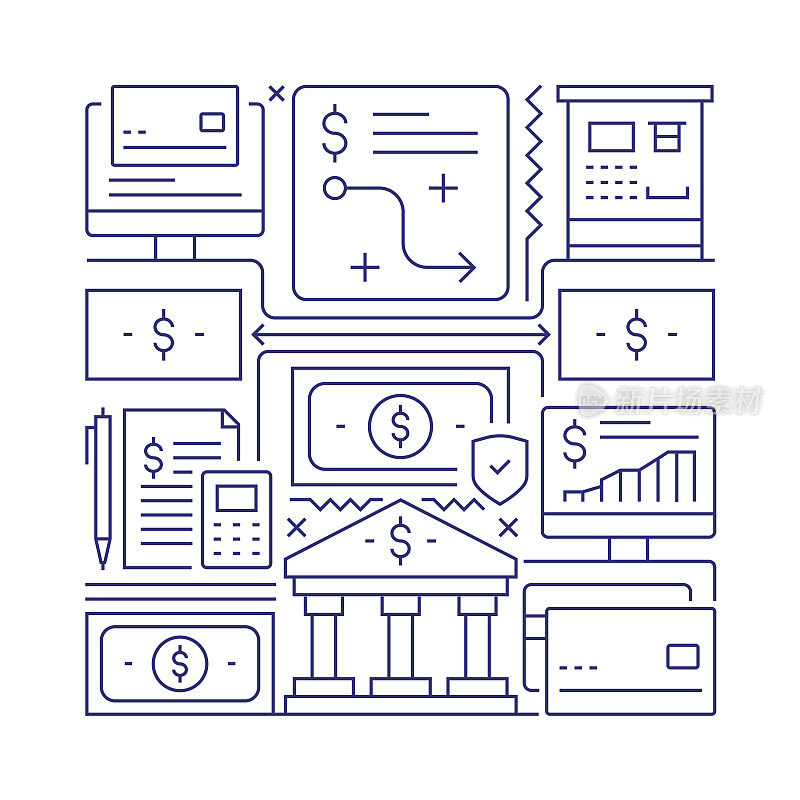 银行和货币对象和元素。线条图标插图集合。图标设置或标题模板。