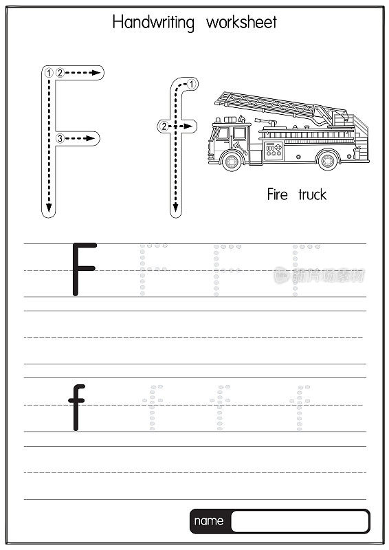 黑白矢量插图消防车与字母F大写字母或大写字母的儿童学习练习ABC