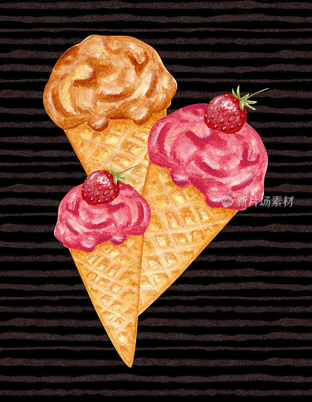黑色背景上的水彩冰淇淋。华夫饼冰淇淋蛋筒组合。草莓奶油布丁冰淇淋。夏天的甜点。设计横幅，传单，明信片。