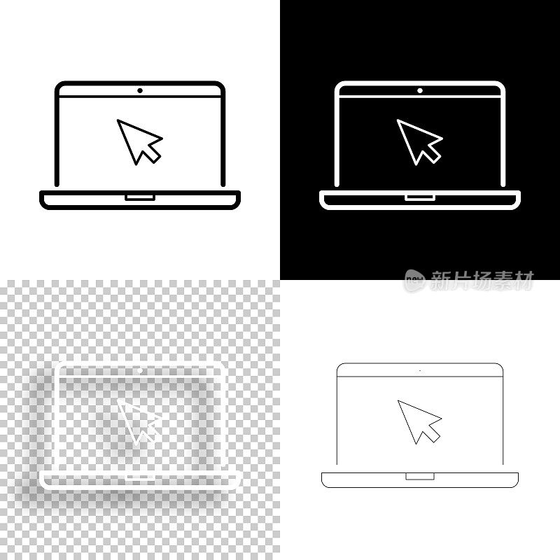 笔记本电脑指针。图标设计。空白，白色和黑色背景-线图标
