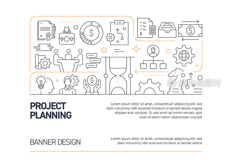 项目规划相关矢量横幅设计概念，现代线条风格与图标
