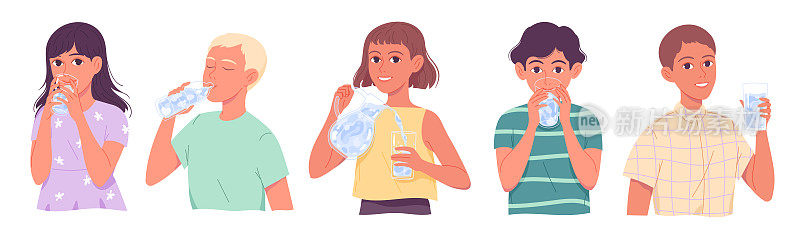 孩子喝水，孩子喝水，男孩和女孩解渴在白色的背景。
