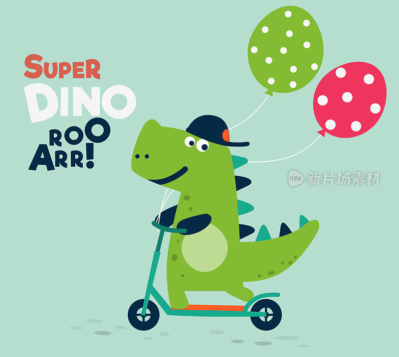 生日快乐-可爱的矢量卡与有趣的恐龙骑在踏板车上。可爱的霸王龙