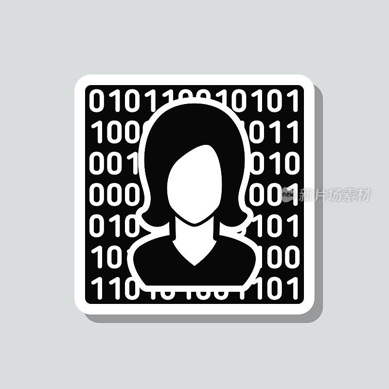 女性的脸用二进制代码。图标贴纸在灰色背景