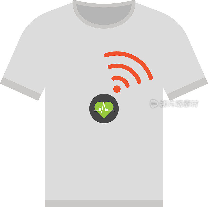 心脏监测t恤概念，传感器编织到服装矢量颜色图标设计，可穿戴技术符号，个人物联网标志，技术服装股票插图