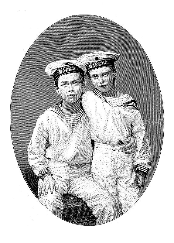 古董插图:俄罗斯大公乔治・亚历山德罗维奇和他的兄弟(俄罗斯尼古拉二世)1882年